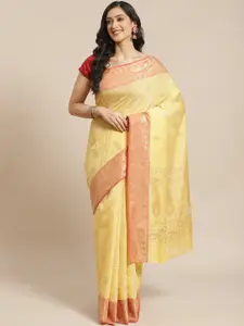Indethnic Gold-Coloured & Coral Ethnic Motifs Zari Banarasi Saree
