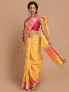 Indethnic Mustard & Pink Checked Banarasi Saree