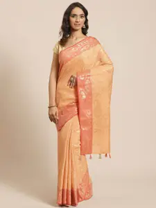 Indethnic Peach-Coloured Woven Design Zari Banarasi Saree