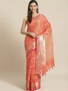 Indethnic Rust & Gold-Toned Floral Zari Banarasi Saree