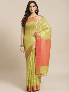 Indethnic Olive Green & Red Ethnic Motifs Zari Banarasi Saree