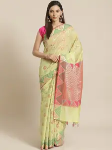 Indethnic Green & Magenta Woven Design Zari Banarasi Saree