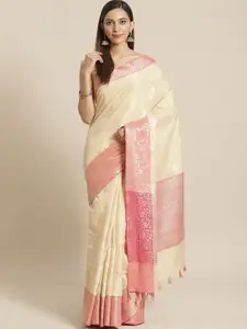 Indethnic Cream-Coloured & Pink Ethnic Motifs Woven Designed Banarasi Saree