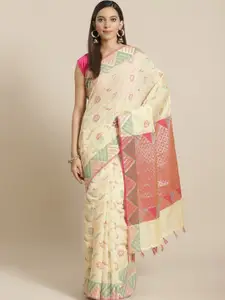 Indethnic Cream-Coloured & Pink Floral Zari Banarasi Saree