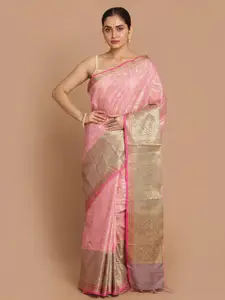 Indethnic Pink & Gold-Toned Ethnic Motifs Zari Banarasi Saree