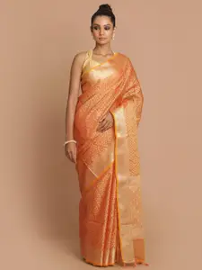 Indethnic Rust & Gold-Toned Woven Design Zari Banarasi Saree
