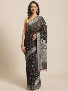 Indethnic Black & Silver-Toned Floral Zari Banarasi Saree