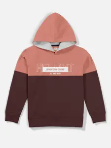 HELLCAT Boys Peach-Coloured & Brown Colourblocked Hooded Sweatshirt