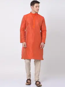 TABARD Men Orange Printed Silk Blend Kurta with Churidar
