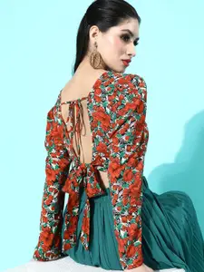 Berrylush Coral Red & Green Floral Print Puff Sleeves Styled Back Crop Top