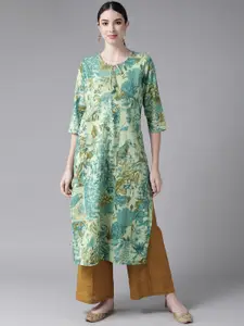 Ishin Women Green & Beige Pure Cotton Floral Embroidered Floral Kurta