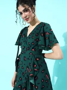 Berrylush Women Green Leopard Self-Tie Fit & Flare Dress