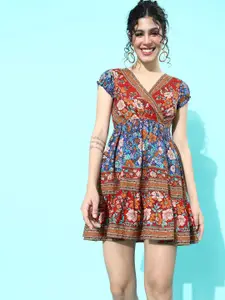 Berrylush Women Blue & Red Floral Mini Fit & Flare Dress
