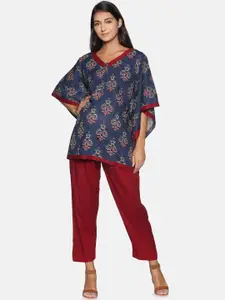 The Mom Store Women Navy Blue & Maroon Printed Pure Cotton Kaftan Maternity Night suit