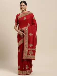 Mitera Red Vichitra Ethnic Embelished Party Wear Saree with Matching Blouse