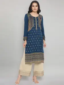 AURELIA Women Blue Ethnic Motifs Printed Acrylic Straight Kurta