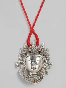 EL REGALO Silver-Toned & Red Durga German Silver Temple Necklace