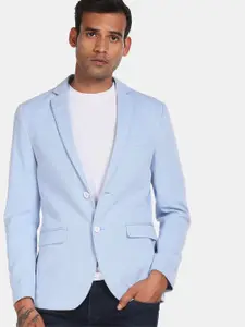 U.S. Polo Assn. U.S. Polo Assn Men Blue Solid Slim Fit Single Breasted Cotton Blend Blazer