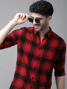 THE BEAR HOUSE Men Red Slim Fit Checked Pure Cotton Casual Shirt