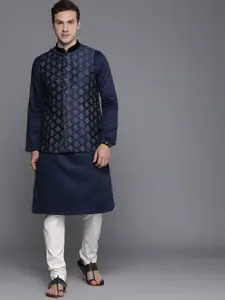 Manyavar Men Navy Blue Self Design Thread Work Art Silk Kurta with Churidar & Nehru Jacket