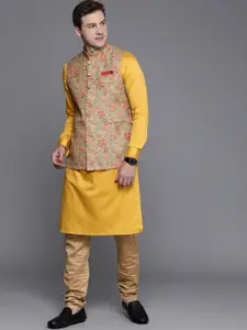 Manyavar Men Mustard Yellow Yoke Design Thread Work Kurta with Churidar & Nehru Jacket