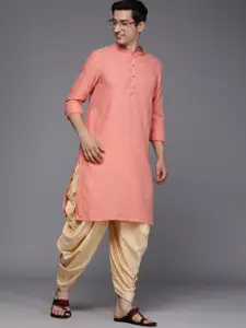 Manyavar Men Peach-Coloured Mandarin Collar Self Design Kurta