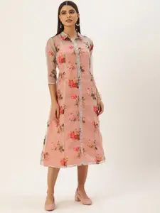 Ethnovog Grey  Peach-Coloured Floral Print Nylon Sheer Made To Measure Shirt Midi Dress