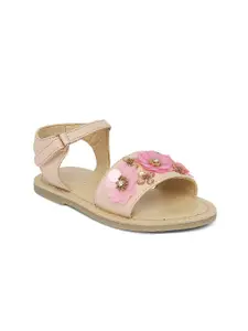 Aria Nica Girls Pink & Gold-Toned Leather Comfort Sandals