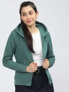 Tokyo Talkies Women Green Hooded Sweatshirt