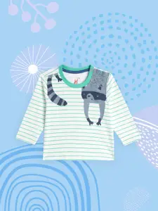 H By Hamleys Boys White & Green Striped Pure Cotton T-shirt