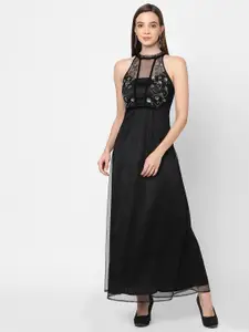 MISH Black Embellished Halter Neck Net Maxi Dress