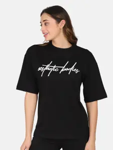 Aesthetic Bodies Women Black Typography Printed Loose Cotton T-shirt
