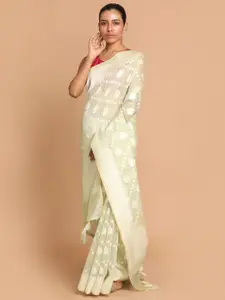 Indethnic Green & Off White Ethnic Motifs Linen Blend Banarasi Saree