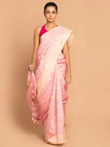 Indethnic Magenta & Cream-Coloured Ethnic Motifs Linen Blend Banarasi Saree