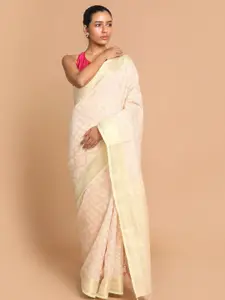 Indethnic Gold-Toned & Off White Ethnic Motifs Linen Blend Banarasi Saree