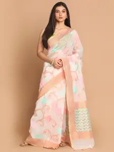 Indethnic White & Peach Floral Linen Blend Banarasi Saree