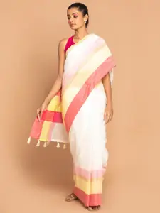 Indethnic White & Magenta Linen Blend Banarasi Saree