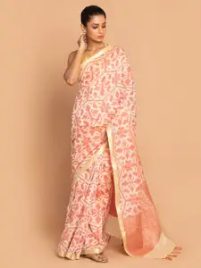 Indethnic Rust & White Woven Design Banarasi Saree