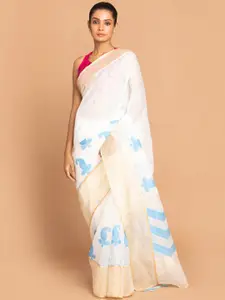 Indethnic Blue Paisley Linen Blend Banarasi Saree