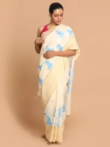 Indethnic Blue & Cream-Coloured Ethnic Motifs Zari Linen Blend Banarasi Saree