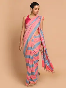 Indethnic Pink & Blue Striped Linen Blend Saree