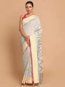 Indethnic Grey & Cream-Coloured Woven Design Linen Blend Banarasi Saree