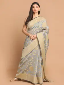 Indethnic Grey & Beige Floral Linen Blend Banarasi Saree