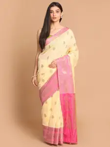 Indethnic Beige & Pink Woven Design Banarasi Saree