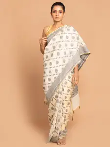 Indethnic Black & Off White Ethnic Motifs Linen Blend Banarasi Saree