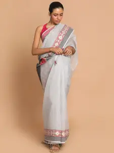 Indethnic Grey & Pink Woven Design Linen Blend Banarasi Saree