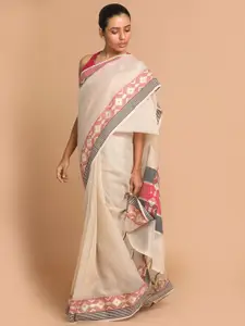 Indethnic Beige & Grey Woven Design Linen Blend Banarasi Saree