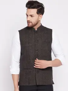 even Men Brown & Black Woven-Design Nehru Jacket