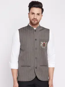 even Men Brown Striped Woven Nehru Jackets with Welt Pockets