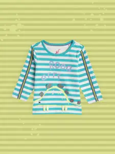 H By Hamleys Boys Green & White Striped 3D Dino Pure Cotton T-shirt